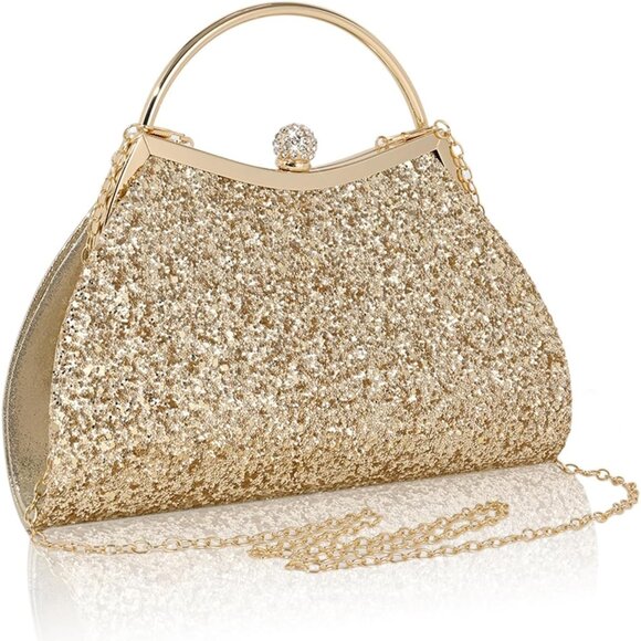Women's Gold Chain Strap Fashionable Shoulder Sparkly Evening Clutch Bag - Picture 1 of 7